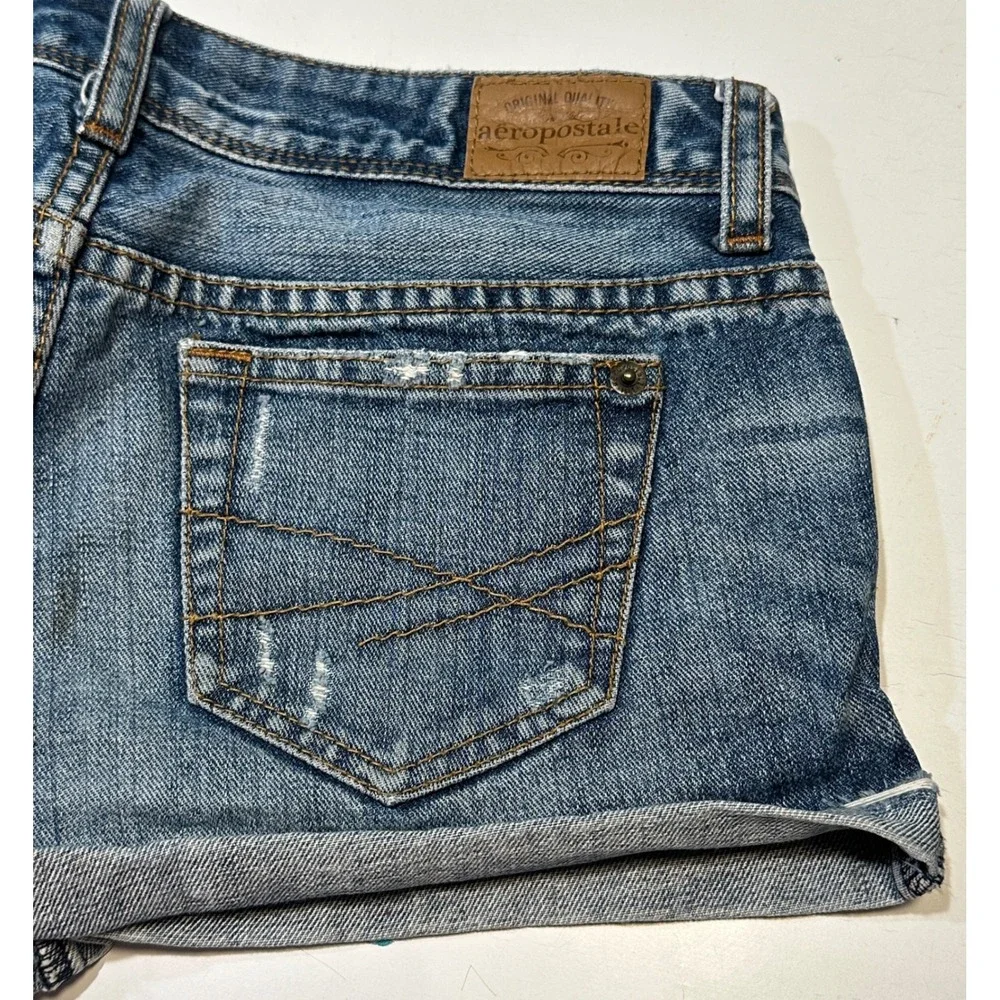 Aeropostale Denim Shorts Womens Size 0 Blue Distressed Cuffed Low Rise Cotton